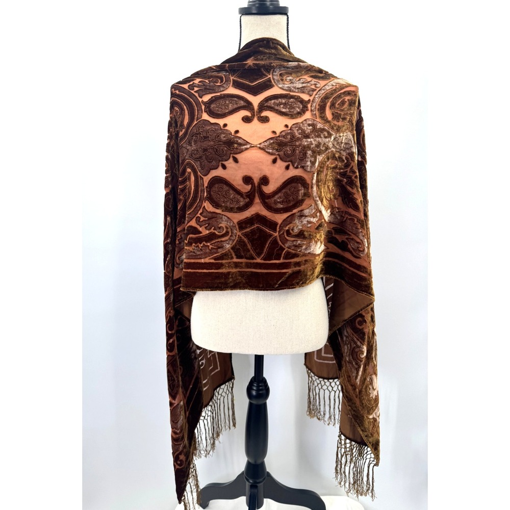 CCC Whimsigoth Boho Brown Paisley Velvet Burnout Silk Scarf Wrap Shawl Fringe